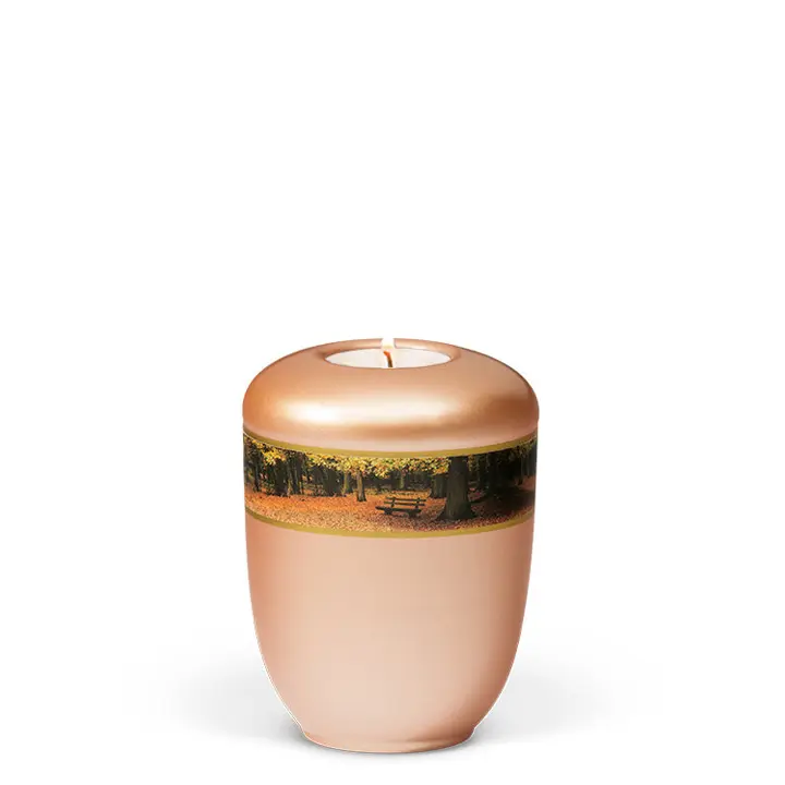 Fishsilber Apricot, Dekorband - Waldlandschaft, Gedenkurne m. Teelicht