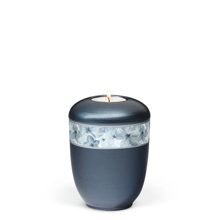 Blau-Perlmutt, Dekorband - Blüten, Gedenkurne m. Teelicht