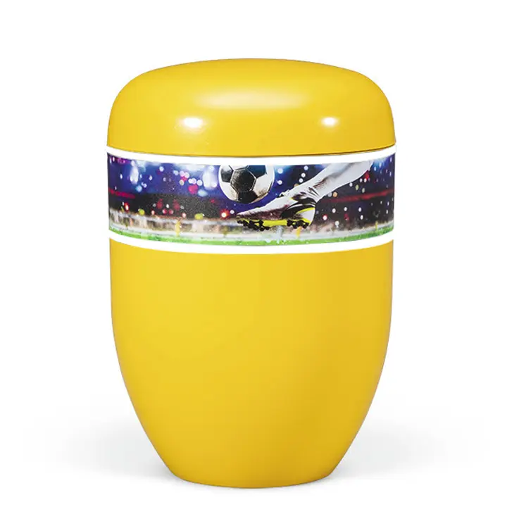 Naturstoffurne, Gelb, Dekor "Fußball"