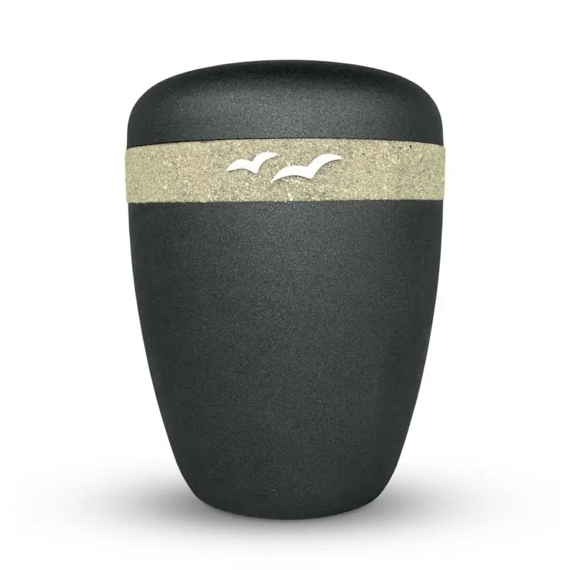 Naturstoffurne, glint-midnight-black lackiert, Design 'Sand + Möwen' 