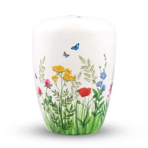 [15FH-1003/D108] Naturstoffurne, weiß lackiert, Design 'Blumenwiese' 